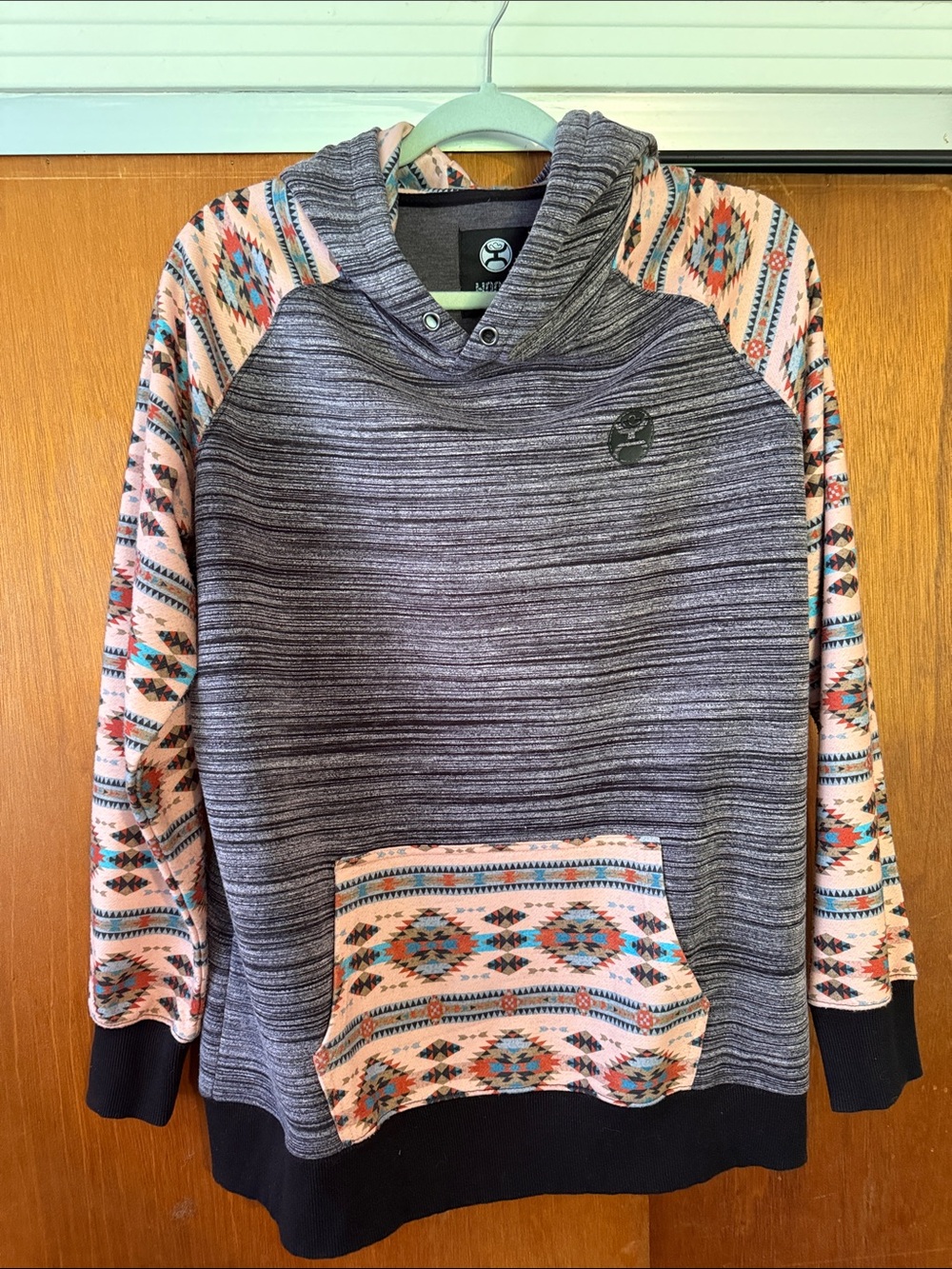 Hooey Gray Hoodie with Aztec coral and Teal Accent Sleeves